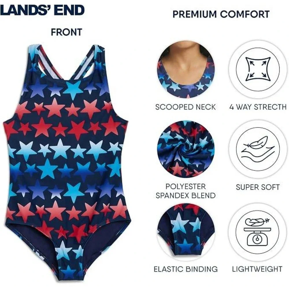Lands End Girls Star Print One Piece Swimsuit Red Blue White Size M 8 UPF 50+